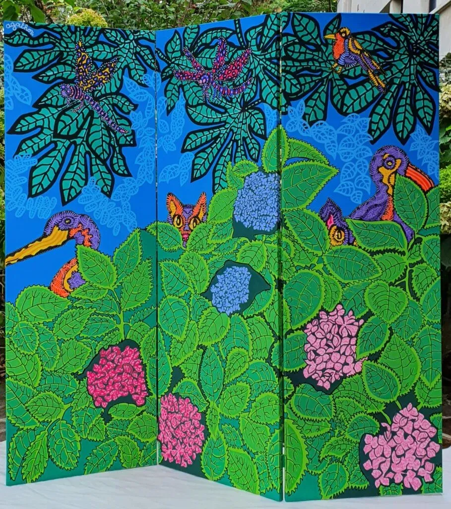 J'aime voir les hortensias heureux quand il pleut, peinture, 2022, Agathon